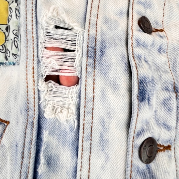 Pistola Boho Denim Distressed Vest Jacket Upcycled 3D Crochet Festival S/M - Picture 11 of 15